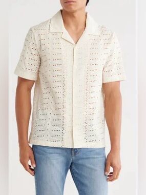 Jason Wu Cream Eyelet Short-Sleeve Button-Down Shirt Size L